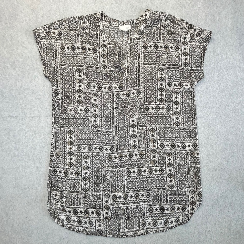 J.Jill Geometric Tribal Print Top‎ Women's Medium Black White Cap Sleeve